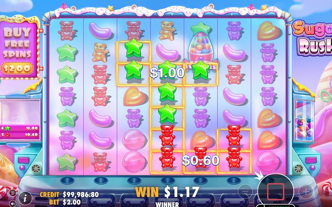 Base Game screen: 7x7 grid of candy symbols